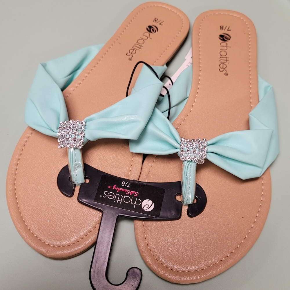 Chatties Blue and Tan Sandals with Rhinestone Bow